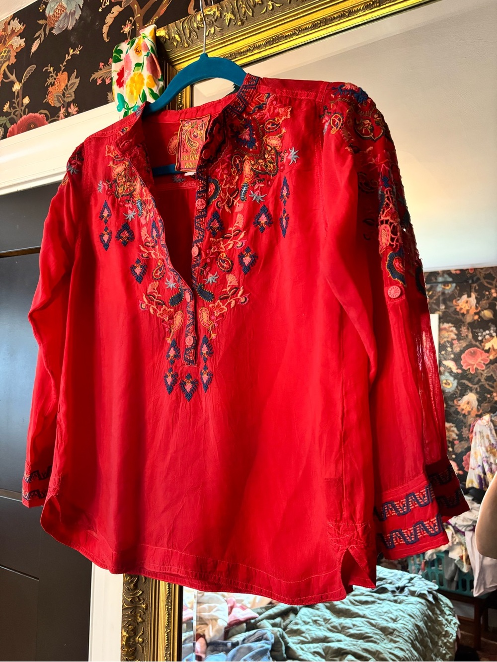 Johnny Was Red Embroidered V-Neck Tunic